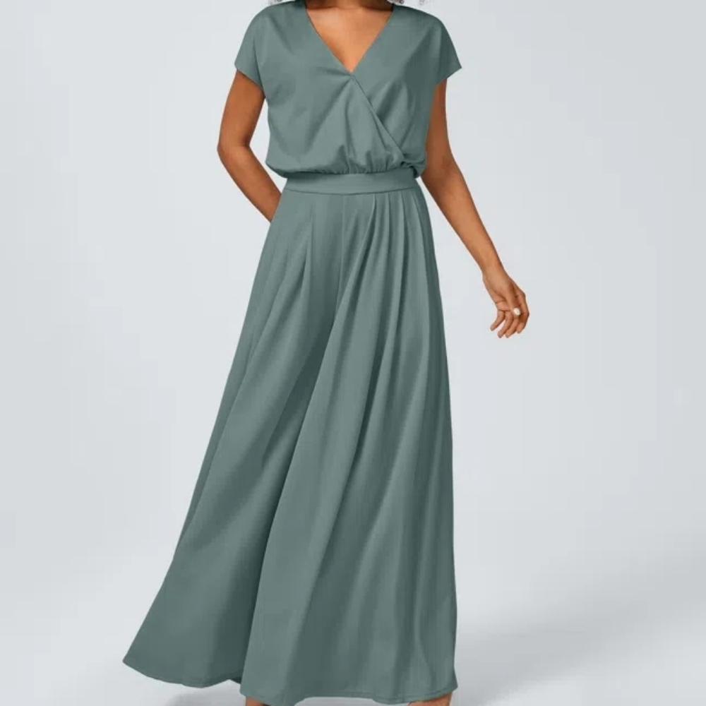 HALARA Bronze Stone Green V Neck Short Sleeve Side Wide Leg Flowy Waffle